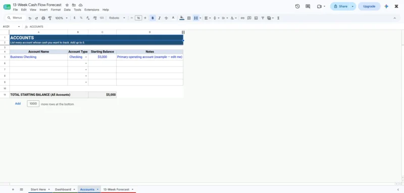 13-Week Cash Flow Forecast Spreadsheet for Small Business