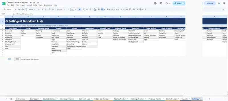 Client Outreach Tracker – Google Sheets CRM & Sales Pipeline Template