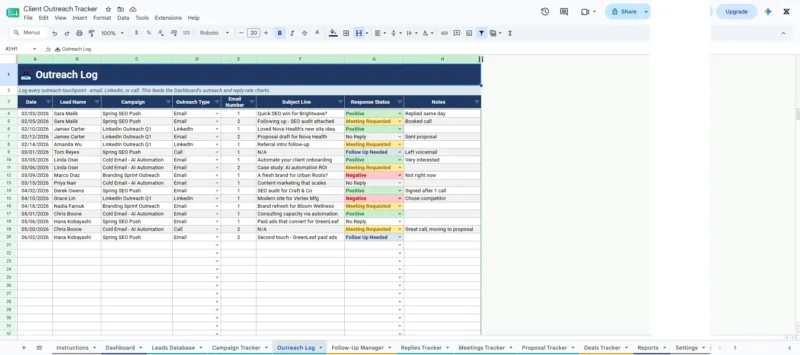 Client Outreach Tracker – Google Sheets CRM & Sales Pipeline Template