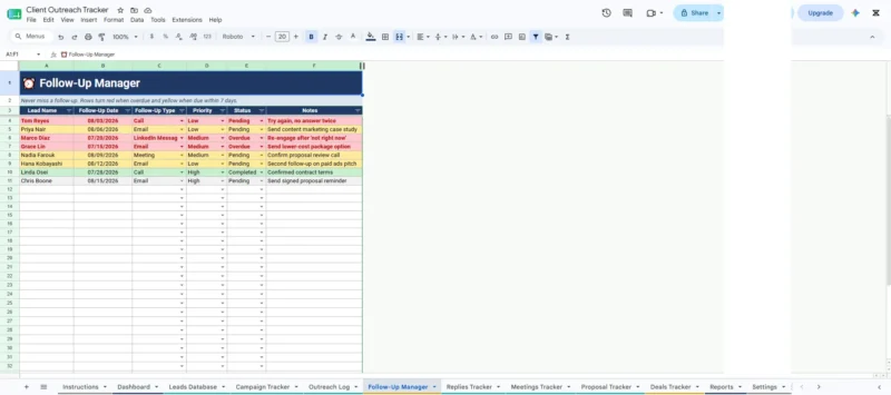 Client Outreach Tracker – Google Sheets CRM & Sales Pipeline Template