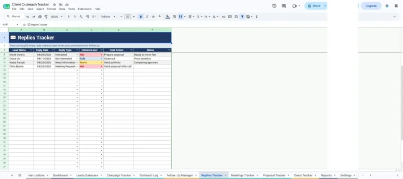 Client Outreach Tracker – Google Sheets CRM & Sales Pipeline Template