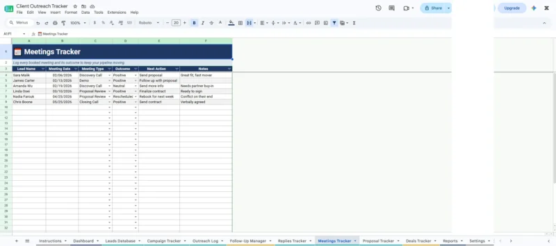 Client Outreach Tracker – Google Sheets CRM & Sales Pipeline Template