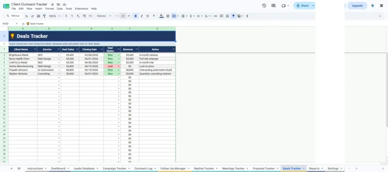 Client Outreach Tracker – Google Sheets CRM & Sales Pipeline Template