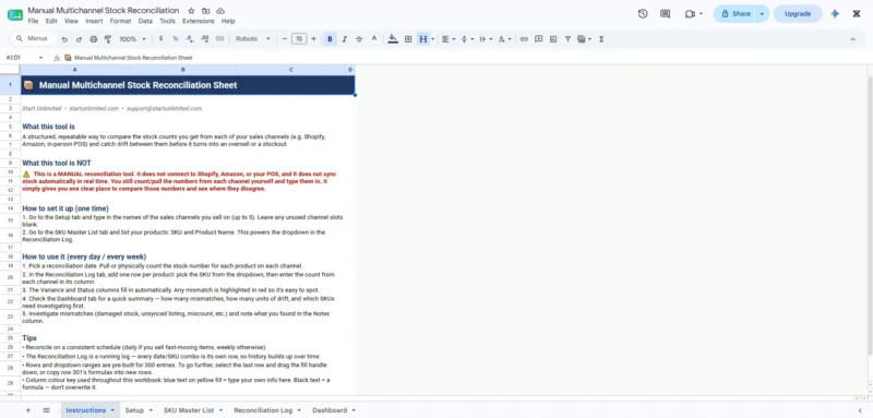 Manual Multichannel Stock Reconciliation Sheet