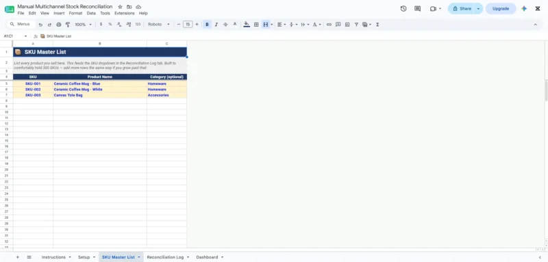 Manual Multichannel Stock Reconciliation Sheet