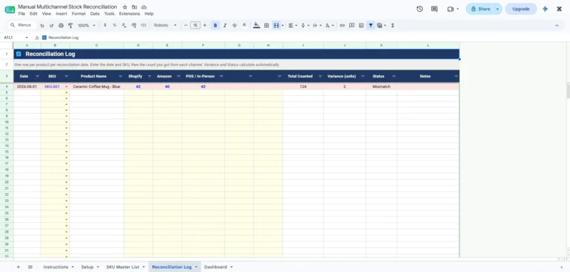 Manual Multichannel Stock Reconciliation Sheet