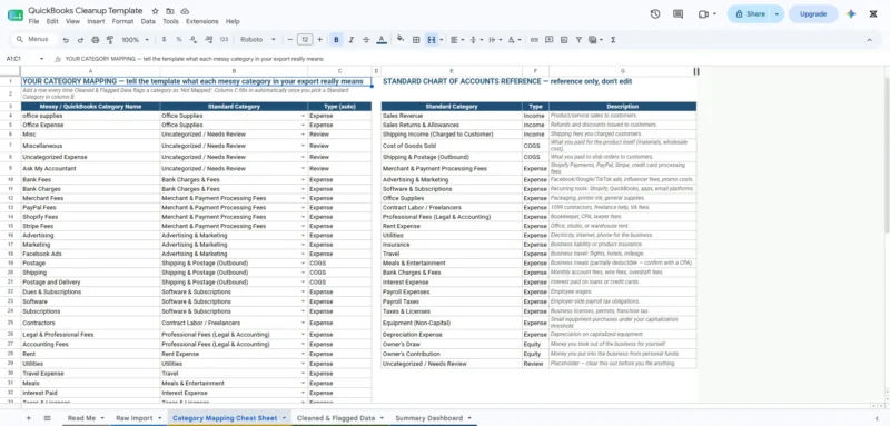 QuickBooks Cleanup Spreadsheet Template for Small Business