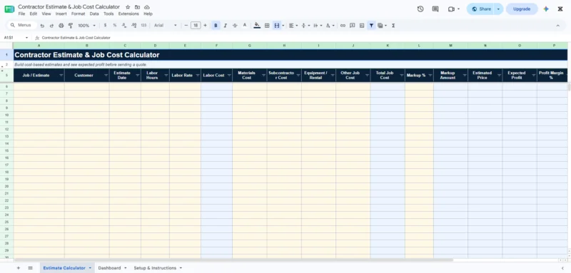 contractor estimate job cost calculator template 1