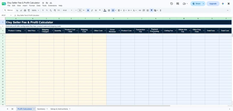 etsy seller fee profit calculator template 1